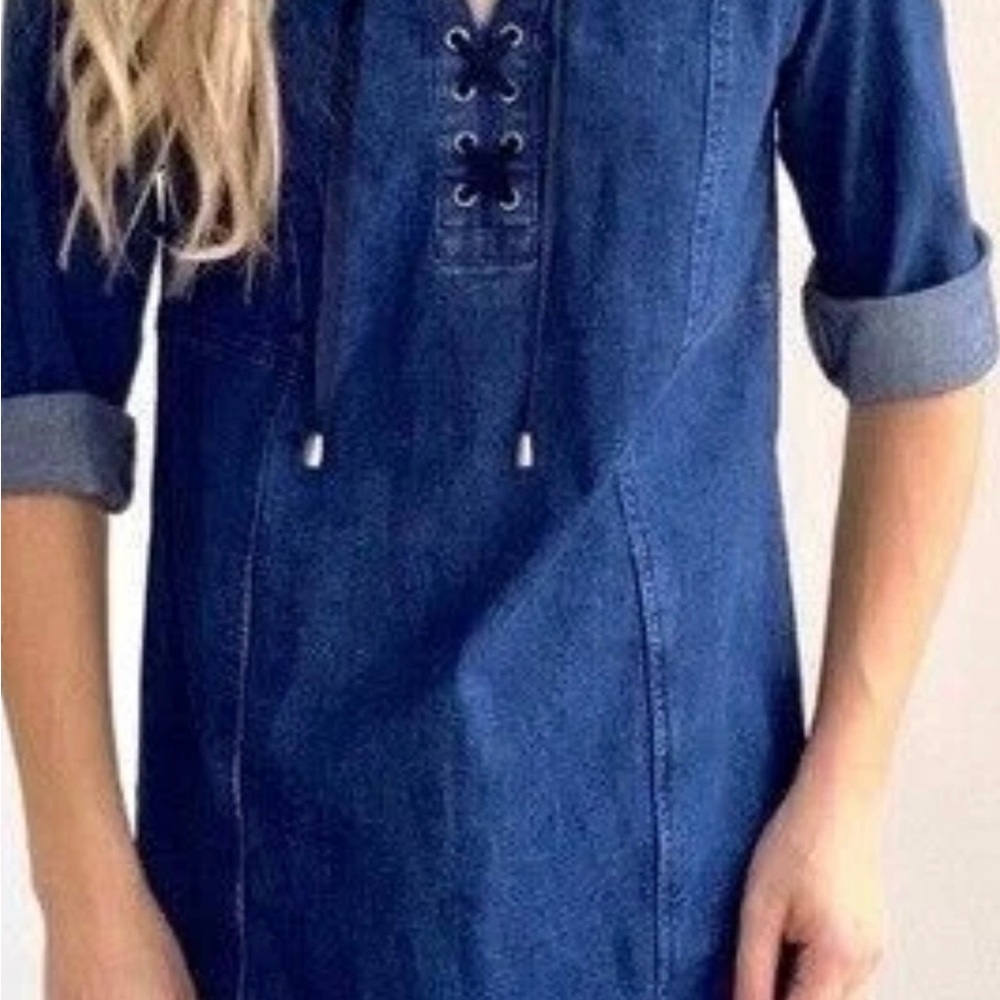 J. Jill Denim, Dark Wash, 3/4 Sleeve, Lace Up Front, Demin Dress, - Picture 4 of 8